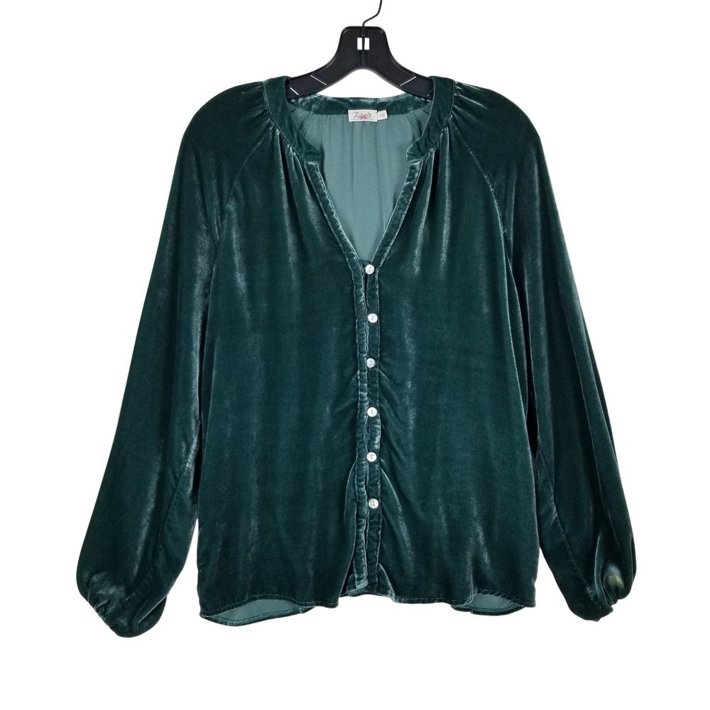 Faherty Velvet Blouse Womens Small Green Silk Blend Button Front Raglan Sleeve